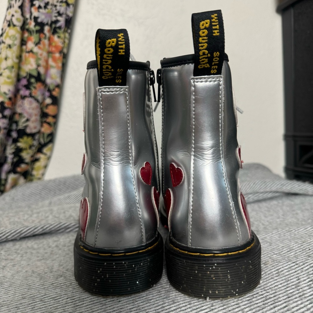 Dr. Martens Silver Combat Boots with Red Heart Accents - Picture 4 of 6